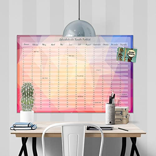 banjado® Wandkalender abwischbar aus Glas 75x50 cm/Jahresplaner abwischbar mit Motiv Pink Polygon/langlebiger Jahreskalender, Urlaubsplaner & Familienplaner abwischbar