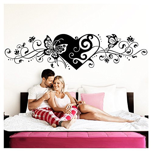 Grandora Wandtattoo Blumenranke Herz selbstklebend I schwarz 190 x 48 cm I Schlafzimmer Liebe Love Schmetterlinge Wandtatoo Wandaufkleber Wandsticker W642