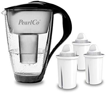PearlCo Glas-Wasserfilter (schwarz) Glaskanne mit 3 Classic Filterkartuschen – Reduzierung von Kalk & Schwermetall – Schützt Geräte – Besserer Geschmack von Kaffee & Tee – Made in EU