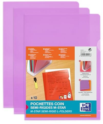 Oxford Lot de 10 Pochettes-Coin M Star A4 PVC Lisse Epaisseur 15/100ème Violet