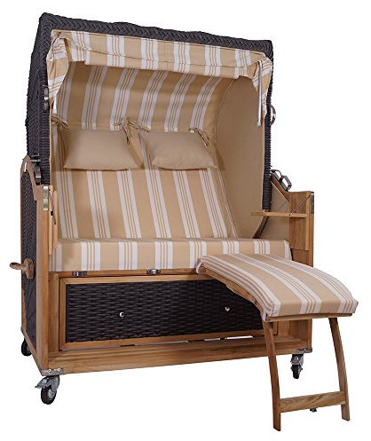 Strandkorb KAMPEN Mocca 2,5-Sitzer PE-Polyrattan Teak Volllieger Sport Beige
