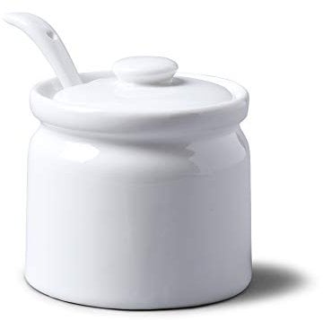 WM Bartleet & Sons 1750 T165 Traditional Porcelain Sugar/Jam/Mustard Pot with Lid & Spoon 8cm – White, 24 oz