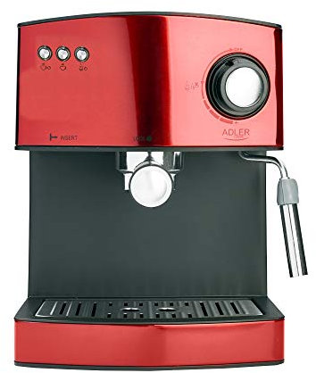 Adler AD 4404R Cafetera Espresso Automática 15 Bares, Depósito 1,6 L, para Preparar Café Latte, Espresso y Capuccino, Vaporizador para Espumar Leche, Calienta Tazas, Color Rojo, 850W