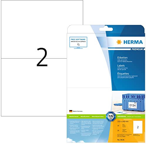 HERMA 8636 Versandetiketten, 10 Blatt, 210 x 148 mm, 2 pro A4 Bogen, 20 Stück, selbstklebend, bedruckbar, matt, blanko Papier Adressetiketten Aufkleber, weiß