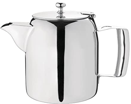 Olympia Cosmos Stainless Steel Dishwasher Safe Teapot, 32oz 910ml | Hinged lid prevents loss, while a mirror finish and built-in infuser provide elegant, space-saving table service.