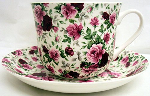 English Rose Breakfast Cup & Saucer Fine Bone China Large Roses Cup & Saucer Set Hand Decorated in The U.K. Free UK Delivery