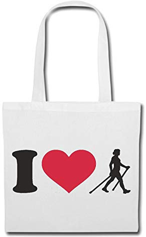 I Love Nordic Walking Stöcke Laufen Gymnastik Fitness Ausdauer Stoffbeutel Baumwolltasche Shopper Umhängebeutel 38x42cm lange Henkel wiederverwendbar waschbar Einkauf Alltag Schule Uni Farbe Weiß