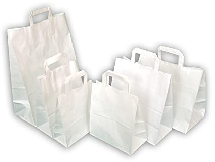 Rodenbacher Papieragentur GmbH 100 St. Papiertragetaschen weiß mit Henkel 320x200x250 mm mit extra breitem Boden, (Konditorenbeutel) Papiertüten, Papierbeutel, Einkaufstüten, Geschenktüten