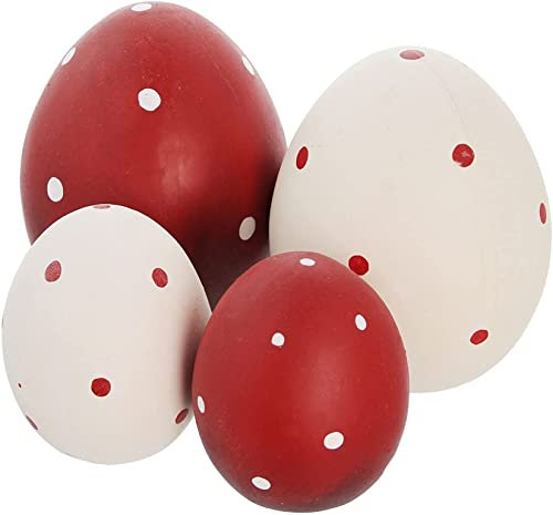 Dekoleidenschaft 4 Dekoeier Pünktchen aus Terracotta, rot/weiß, 7 + 10 cm hoch, Osterdeko, Ostereier-Set, Osterdekoration, Tischdeko