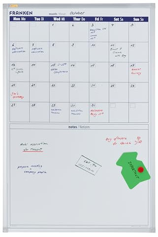 FRANKEN X-tra!Line Monatskalender mit Notizfeld, lackiert, magnetisch, beschreibbar, trocken abwischbar, mit Aluminiumrahmen, Magnettafel zur Wandbefestigung, 60 x 90 cm, VO-18