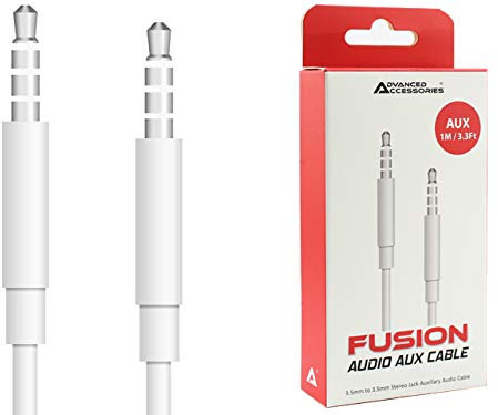Fusion Audio Aux Cable 3.5mm - Extra Durable PVC - Polished Connectors - HD Sound - For Car, Headphone, iPhone, Samsung, Huawei, Echo Dot, Laptop, Home Stereos - White (1M)
