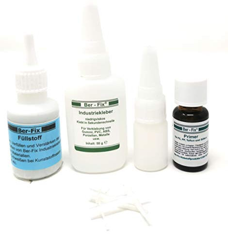 Ber-Fix Schweißnaht-Set L Primer & Füllstoff für Kunststoff, PVC, ABS, GFK, Metall, PE, PP, Silikon 50g Kleber + 60g Granulat, 15ml Primer Inkl. 3 Spitzen