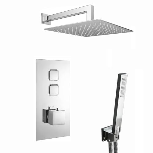 ENKI, Milan, SH0056, Square Thermostatic Concealed Push Button Shower Set, Wall Mounted Ultra Slim Shower & Handset Kit, Chrome