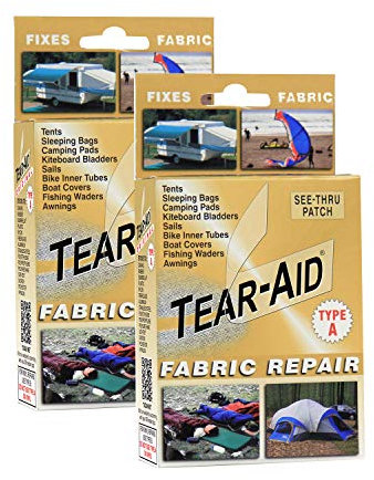 TEAR-AID Stoffreparatur-Set, Typ A, transparenter Flicken für Leinwand, Fiberglas, Leder, Polyester, Nylon und mehr, goldfarbene Box, 2 Stück