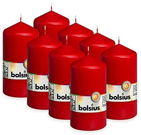 Bolsius Glatte Stumpenkerzen - Rot - Set 8 Stück - Dekorative Haushaltkerzen - Länge Brenndauer 43 Stunden - Unparfümierte - Natürliches Pflanzenwachs - 13 x 7 cm