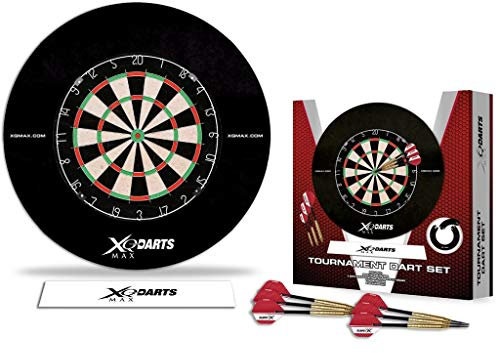 XQMAX Tournament Dart Set, inkl. Bristle Dartboard, 6 Steel Dart, Surround rot, Abwurflinie