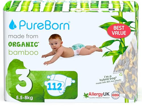 PureBorn 112 Windeln Größe 3 (5-8 kg), Ultra-Saugfähig, Hypoallergen, Weich & Sanft für Babys (4-7 Monate), Dermatologisch Getestet, Auslaufsicher, Umweltfreundlich aus Bambus