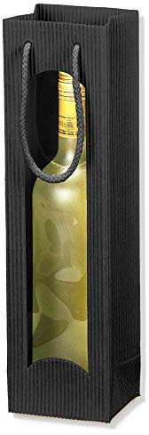 20 x 1er Flaschen-Tragekarton, Flaschentragetasche, Weinverpackung, Weintragetasche mit Sichtfenster, offene Welle, 10 x 8,5 x 36 cm, Schwarz