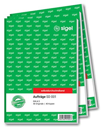 SIGEL SD001 Auftragsbuch A5, 2x40 Blatt, selbstdurchschreibend, 3 Stück, aus nachhaltigem Papier