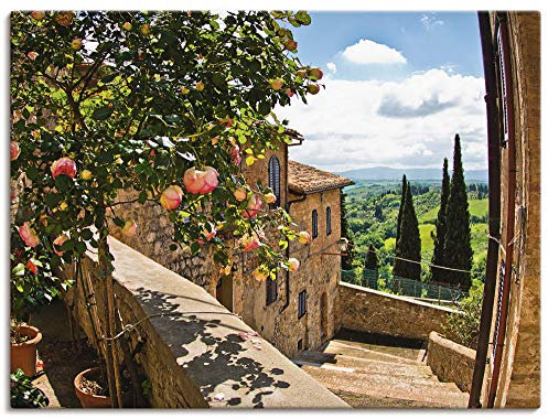 ARTLAND Wanddeko Leinwand Bilder Wandbild Fensterblick Toskana Landschaft Garten Rosen Balkon Natur T4QS