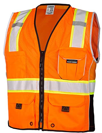 Kishigo Premium Black Series Heavy Duty Unisex Reflective Safety Vest 1514, ANSI Type R / Class 2 Compliant, 6 Pockets - Pencil & Radio Pockets, Reflective Silver Lining & Black Trim (Orange, XL)