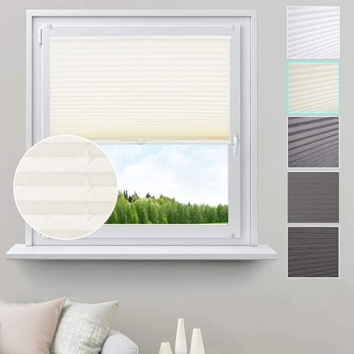 WOLTU Plissee ohne Bohren Klemmfix Faltrollo Jalousie Creme 110x130cm (BxH), Plisseerollo Crushed Optik Sichtschutz und Sonnenschutz Easyfix lichtdurchlässig Rollo für Fenster & Tür