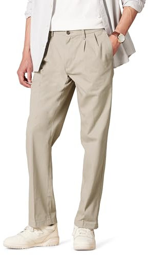 Amazon Essentials Men's Classic-Fit Wrinkle-Resistant Pleated Chino Trouser (Available in Big & Tall), Khaki Beige, 34W / 34L