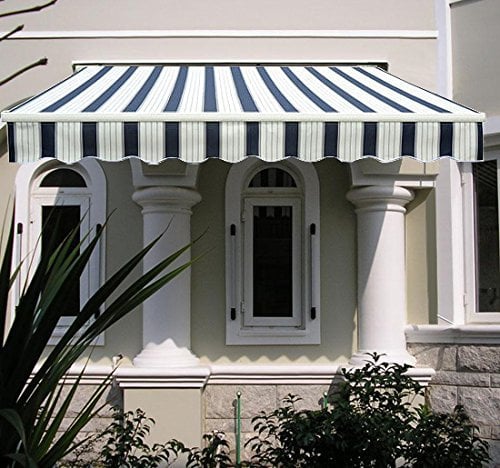 Green Bay 3 x 2.5m DIY Patio Retractable Manual Awning Garden Sun Shade Canopy Gazebo Blue-White with Fittings and Crank Handle