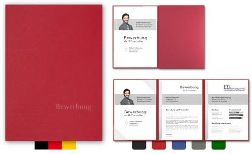 5 Stück 3-teilige Bewerbungsmappen BL-exclusivdruck® OPTIMA-plus in Rubinrot - Premium-Qualität mit edler Relief-Prägung 'Bewerbung' - Produkt-Design von 'Mario Lemani'