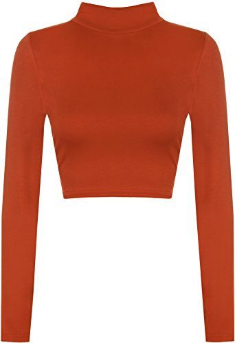 WearAll New Womens Turtle Neck Crop Ladies Long Sleeve Plain Polo Short Stretch Top Rust 12/14