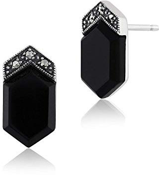 Gemondo Art Deco Ohrringe Sterling Silber 3ct Schwarz Onyx & 6.6pt Markasit Ohrstecker