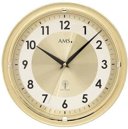 AMS. Funk-Wanduhr Civetta 5946, goldenes Kunststoffgehäuse, mit Aluminium-Zifferblatt, arabischen Ziffern und Mineralglasabdeckung, 30 cm