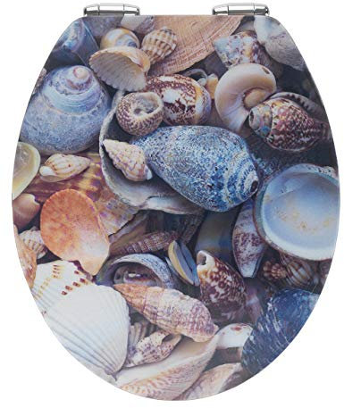 WENKO WC-Sitz Muschel, Toilettensitz mit Absenkautomatik und 3D-Motiv, WC-Deckel für sanftes Deckelschließen mit rostfreier Hygienebefestigung, aus MDF, 38 x 44,5 cm, FSC® Zertifiziert, Mehrfarbig