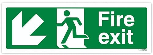 V Safety 14005AX-R Fire Exit Arrow Down Left Sign - Landscape - 300mm x 100mm - 1mm Rigid Plastic, Green