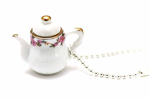Miniblings Kaffeekanne Teekanne Kette Tee Kaffee 80cm Kanne Porzellan rund weiß - Handmade Modeschmuck - Kugelkette versilbert