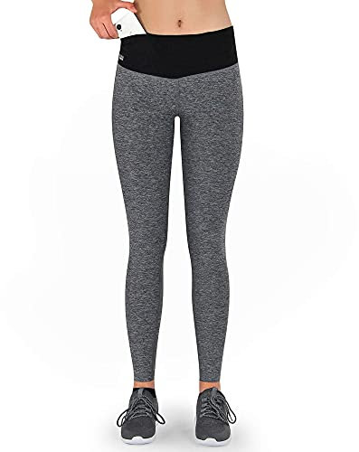 Formbelt Damen Leggings lang mit Taschen grau Melange - Leggins Sporthose Hüfttasche für Smartphone iPhone Handy (grau, L)