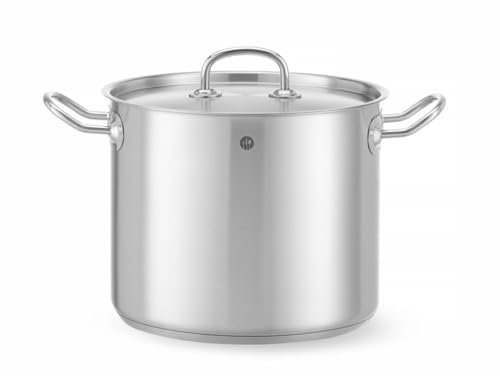 HENDI Kochtopf, Hoch, mit Deckel, geeignet für alle Herdarten, flacher Boden, kühl bleibende Griffe, Induktionskochtopf, Bratentopf, Fleischtopf, 9L, ø240x(H)200mm, Edelstahl, Aluminium