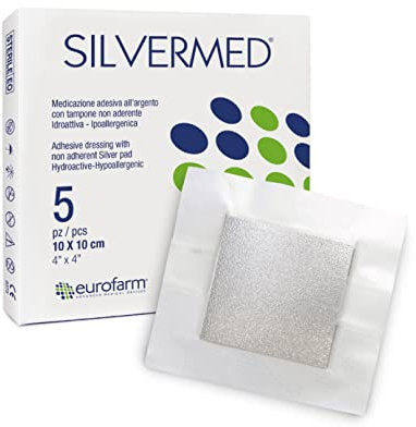 Silvermed (cm 10 x cm 10) - Medicazione Adesiva Antibatterica all'Argento con Tampone Non Aderente, Pronta all'Uso, Confezione 5 Pezzi