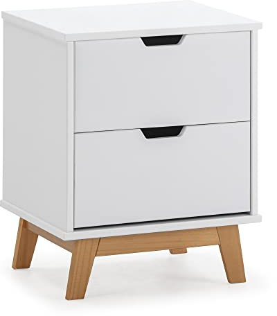 VS Venta-stock Table de Chevet Miranda 2 tiroirs Blanc, MDF laqué en couler Blanc, Pieds en Bois Nature