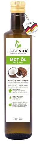 GreatVita MCT Öl auf Kokosölbasis 500ml | C8 & C10 Fettsäuren, Premium Qualität - 70% Caprylsäure & 30% Caprinsäure