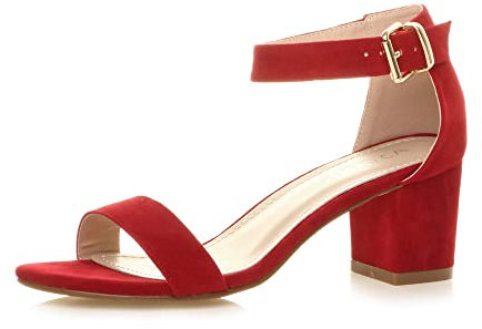 Ajvani Womens Ladies mid Heel peep Toe Buckle Ankle Strap Party Strappy Sandal, Red Suede, 4 UK