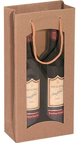 karton-billiger Flaschentragetasche Tragetüte mit Fenster in 4 Farben für 1,2 oder 3 Flaschen, 20Stück (2 Flaschen, Natur)