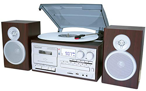 Boytone BT-28SPS - Giradischi Bluetooth in stile classico con radio AM/FM, cassetta e lettore CD, 2 altoparlanti stereo separati, registrazioni in vinile, radio, cassette a MP3, slot SD, USB, AUX