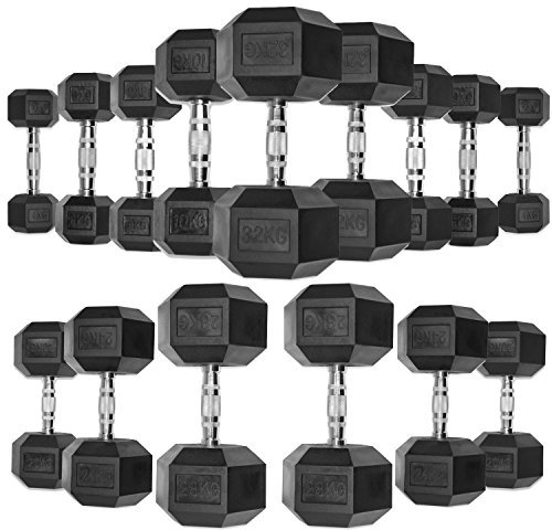 JLL® Hex Dumbbell 4-32 KG Pair, Heavy Duty Rubber Commercial Dumbbell, Weight Sets for Weight Training, Knurled Chrome Handle, Black Colour (12)
