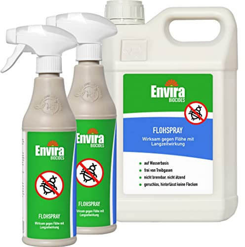 Envira Floh Abwehrspray 2 x 500 ml + 5 Liter - Spray mit Langzeitwirkung gegen Flöhe, Katzenfloh, Hundefloh - Mittel gegen Flöhe für Wohnung & Möbel - Effektives Flohmittel & Flohschutz
