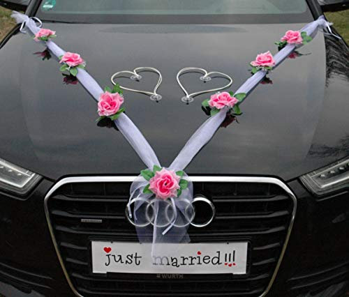 Organza M + Herzen Braut Paar Rose Deko Dekoration Autoschmuck Hochzeit Car Auto Wedding Deko Ratan Girlande ®Auto-schmuck PKW (Rosa/Weiß/Weiß)