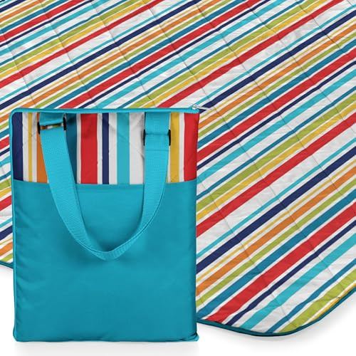 ONIVA - a Picnic Time brand - Vista Outdoor Picnic Blanket & Tote - Beach Blanket - Camping Blanket, (Fun Stripe Pattern with Aqua Blue Exterior), 16 x 11 x 3