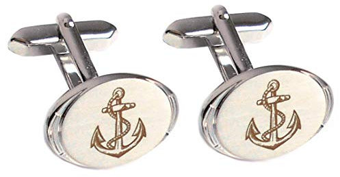 Anker Manschettenknöpfe maritim oval silbern matt-glänzend bräunlicher Gravur + Exklusivbox - edles Accessoire für Hemd mit Umschlagmanschette