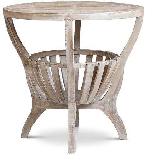 livasia Teakholztisch, Beistelltisch mit Ablagekorb, Couchtisch, Telefontisch, Holztisch, Blumentisch (Handarbeit)