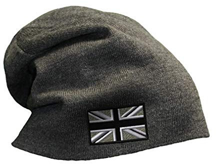 Custom Slouchy Beanie British Flag Black White Embroidery Cotton - gray - One Size